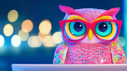 Canvas Print - Cute owl wearing red glasses looking at a laptop.