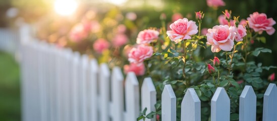 Sticker - Pink roses bloom in a lush garden behind a white picket fence, bathed in warm sunlight.