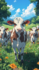 Sticker - A herd of cows walks through a field of wildflowers on a sunny day.