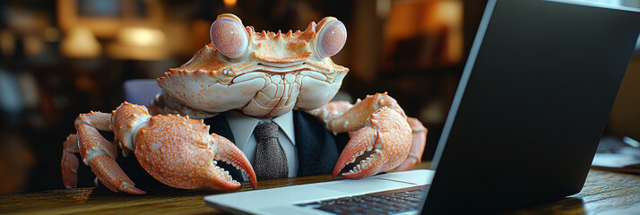 Canvas Print - A crab in a suit works on a laptop.