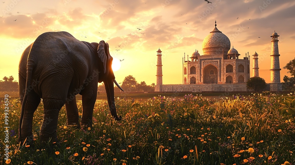Indian elephant with Taj Mahal Agra on background at sunset. Ancient ...