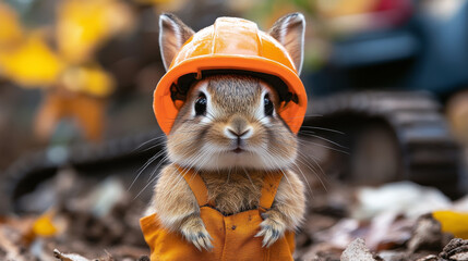 Sticker - A cute bunny in a hard hat and overalls looks straight at the camera.