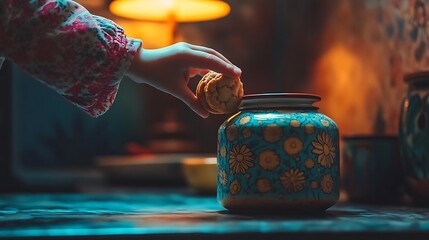 Child s Hand Reaching for Cookie in Vintage Cookie Jar