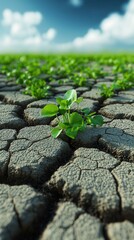 Wall Mural - Green Plant Sprouting in Cracked Dry Ground.