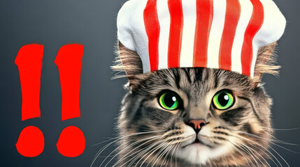 A cat in a striped chef's hat looks at the camera.