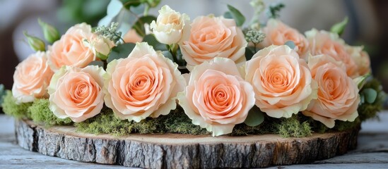 Poster - Peach roses arranged on a wooden slice with moss.