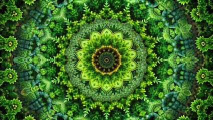 Nature kaleidoscope featuring a green mandala with a forest foliage texture on a dark black background, mandala, nature