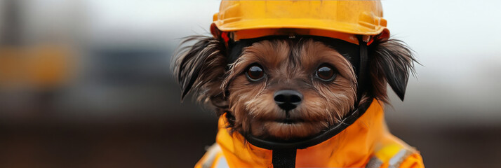 Sticker - A small brown and black dog wearing a yellow hard hat.