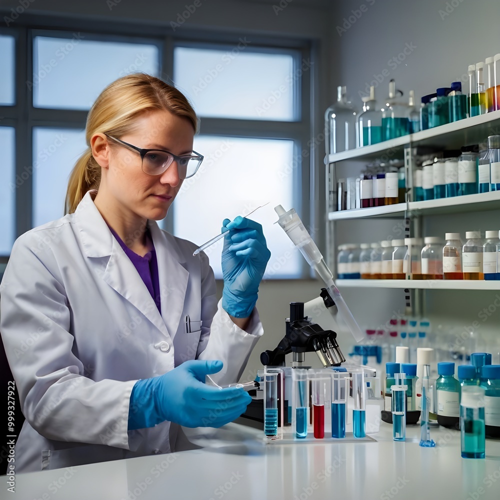 Woman, pipette and scientist with medical research, chemistry ...
