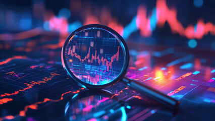 Data analysis concept: Magnifying glass over digital chart.