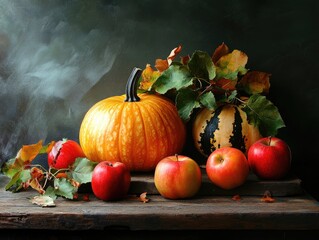 Wall Mural - Autumn harvest scene with pumpkins and apples on rustic wooden table