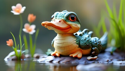 Wall Mural - Adorable 3D Clay Alligator and Duck Character Duo