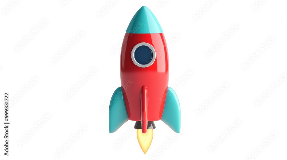 Bright 3D illustration of a red rocket with blue fins and a flame ...