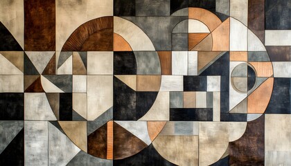 Sticker - Abstract Geometric Wood Panel Art with Curved and Angular Shapes