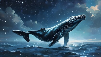 Whale gliding through a cosmic ocean of stars in a mesmerizing fantasy landscape