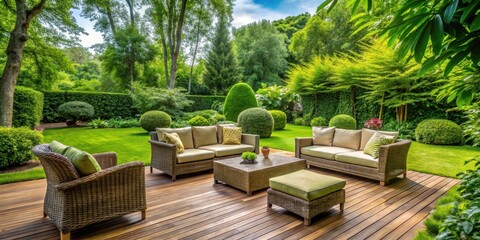 Lush green garden featuring wicker terrace furniture surrounded by trees, beautiful, garden, green, wicker, terrace, furniture