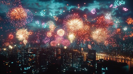 Wall Mural - Fireworks exploding in the night sky over a park.