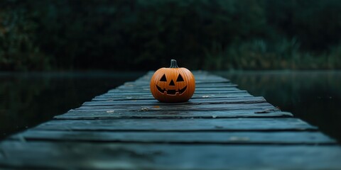 Festive halloween pumpkin glows on a serene lakeside pier at sunset, creating a spooky atmosphere