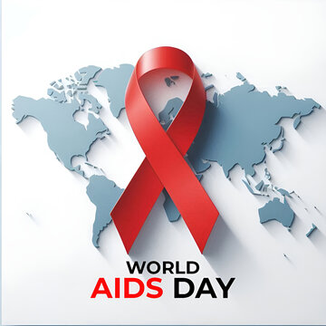 World aids day 3d red ribbon on world map background