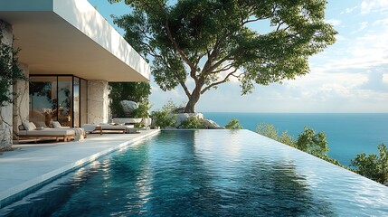 Wall Mural - Modern luxury villa with infinity pool overlooking the ocean.