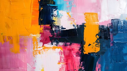Poster - Close-up shot of an abstract painting with vibrant colors and textures. The strokes are bold and dynamic, creating a sense of energy and movement.