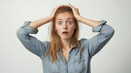 Wall Mural - Surprised Redheaded Woman with Hands on Head in White Studio