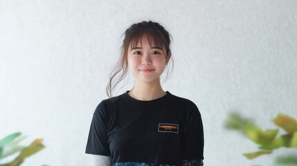 Wall Mural - Smiling Young Woman with Black Hair in Casual Shirt on Studio Background