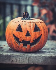 Canvas Print - Halloween decoration with jack o lantern on wooden surface