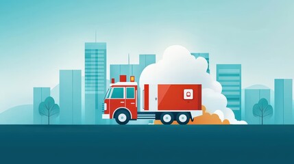 Red Fire Truck in Urban Setting with Smoke Clouds