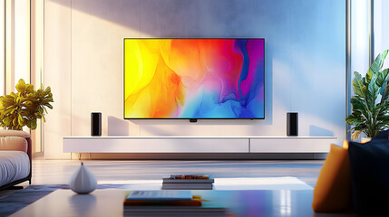 Wall Mural - Modern room design with a large flat screen TV and a colorful image.Modern room.