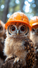 Canvas Print - A baby owl wearing a hard hat looks directly at the camera.