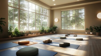 Serene Yoga Studio with Natural Lighting and Calming Decor