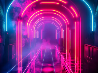 Poster - Vibrant cyber club scene with geometric neon lighting and futuristic arches, set against a backdrop of dark, smoky ambiance for an immersive party