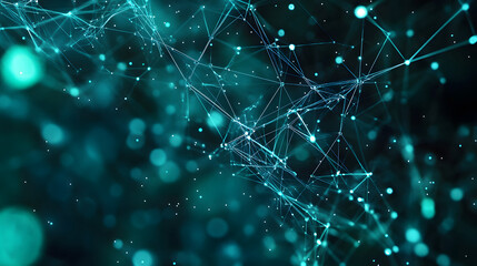Poster - abstract blue green technology background with a cyber network grid and connected particles. artific