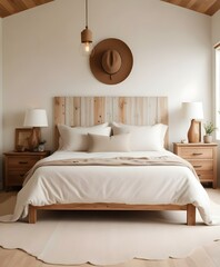 A cozy and minimalist bedroom with a wooden bed frame, white bedding, and natural wood nightstands. The room has a warm, earthy color palette and features a decorative hat hanging on the wall.