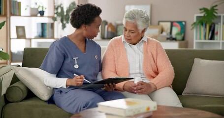 Canvas Print - Clipboard, medical and nurse with senior woman in assisted living for consultation appointment. Discussion, checkup and caregiver with healthcare chart for elderly female patient in nursing home.