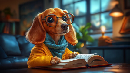 Canvas Print - A dog in a yellow sweater and glasses reads a book.