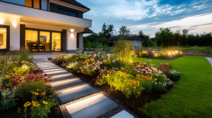 Modern gardening landscaping design details. Illuminated pathway in front of residential house. Landscape garden with ambient lighting system installation highlighting flowers plants