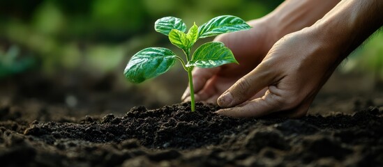 Poster - Close-up of hands planting a young sapling in rich soil.