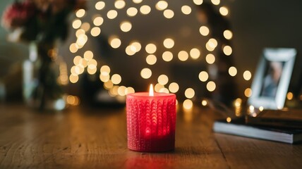 Glowing red candle with a warm bokeh lights backdrop, creating a cozy and serene ambiance