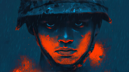 Sticker - Close-up of a soldier's face in the rain.