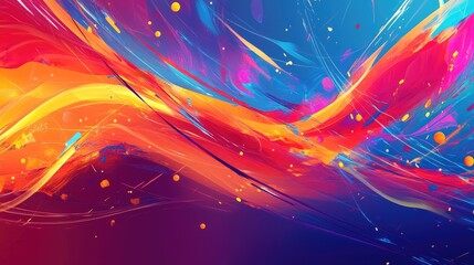 Beautiful abstract lively background with vibrant splashes of color, dynamic flowing lines, and glowing light effects, creating a joyful atmosphere