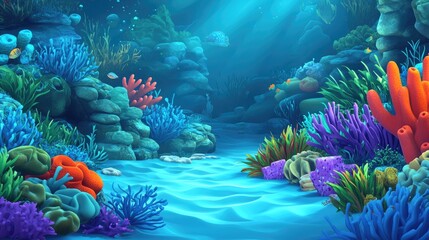 Wall Mural - Underwater Scene with Colorful Coral, Rocks, and Fish