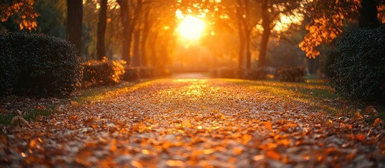 Sticker - A path through an autumn forest with fallen leaves. The sun is shining brightly in the distance.