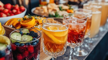 Elegant beverage station at luxury buffet, sparkling drinks in crystal glasses, festive celebration with stylish decor, upscale atmosphere