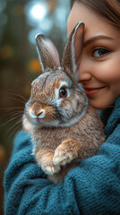 Canvas Print - Young woman gently holding a cute bunny rabbit.