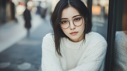 Canvas Print - A young woman with long black hair wearing round glasses and a white sweater looks at the camera.