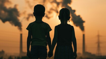 two children s silhouettes playing together against a dramatic sunset sky filled with industrial smo