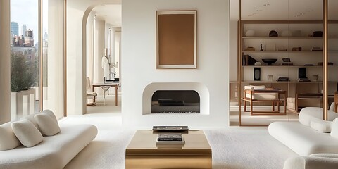 Interior of light living room with grey sofas, window and houseplant