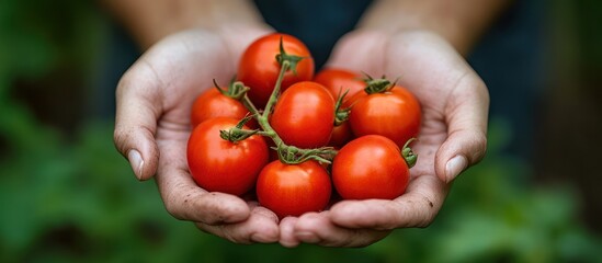 Sticker - Close-up of hands holding a handful of fresh red tomatoes.